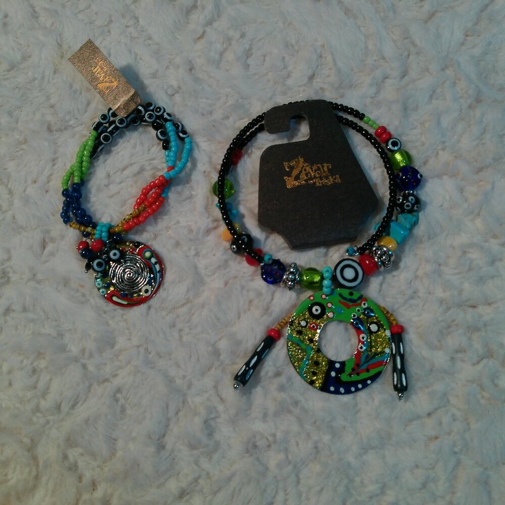 Colorful Beaded Wire Necklace & Bracelet Metal Enamel Pendant Art Glass Wood